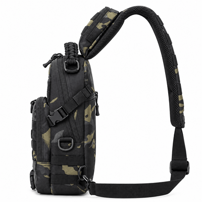 A tactical sling backpack in black and olive green camouflage, featuring a wide padded shoulder strap, multiple zippered compartments, and quick-release buckles, shown against a plain white background.