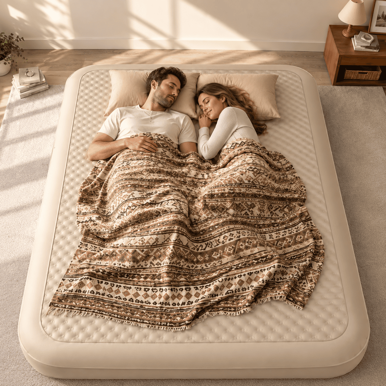 A couple sleeping comfortably on an oversized beige mattress with a brown patterned blanket, photographed from above in a softly lit bedroom.