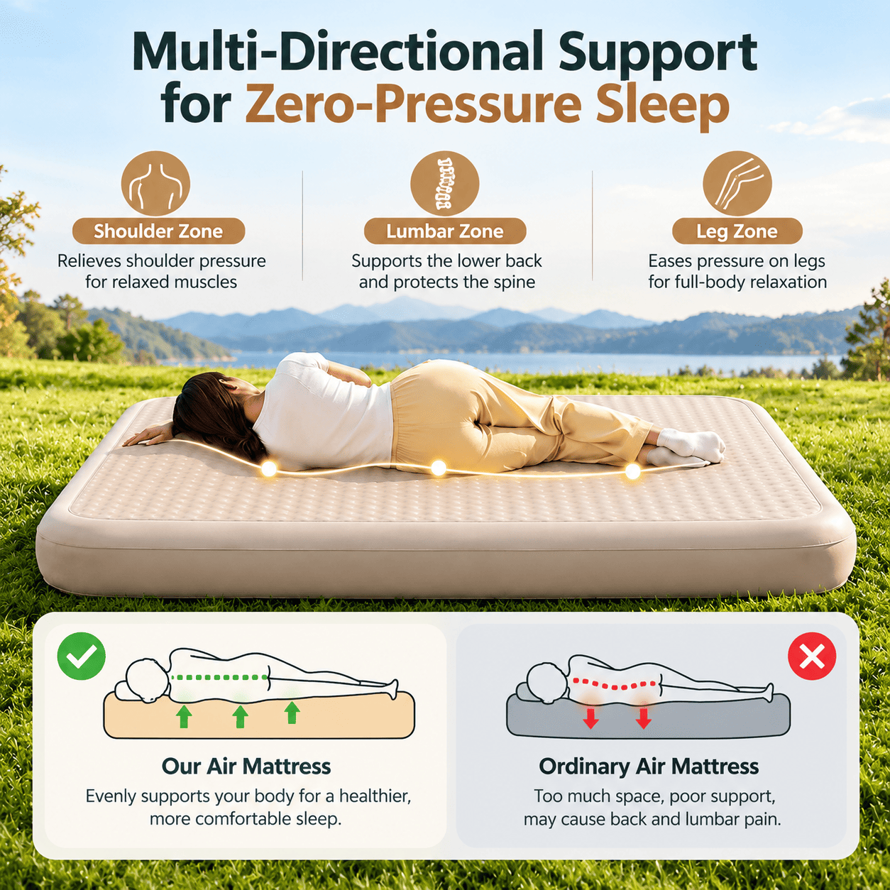 An air mattress shown on a grassy lawn with a woman lying on it, plus marketing text and comparison diagrams explaining zero-pressure support for shoulder, lumbar, and leg zones.