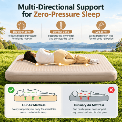 An air mattress shown on a grassy lawn with a woman lying on it, plus marketing text and comparison diagrams explaining zero-pressure support for shoulder, lumbar, and leg zones.