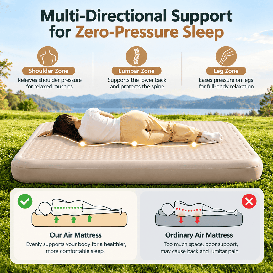 An air mattress shown on a grassy lawn with a woman lying on it, plus marketing text and comparison diagrams explaining zero-pressure support for shoulder, lumbar, and leg zones.