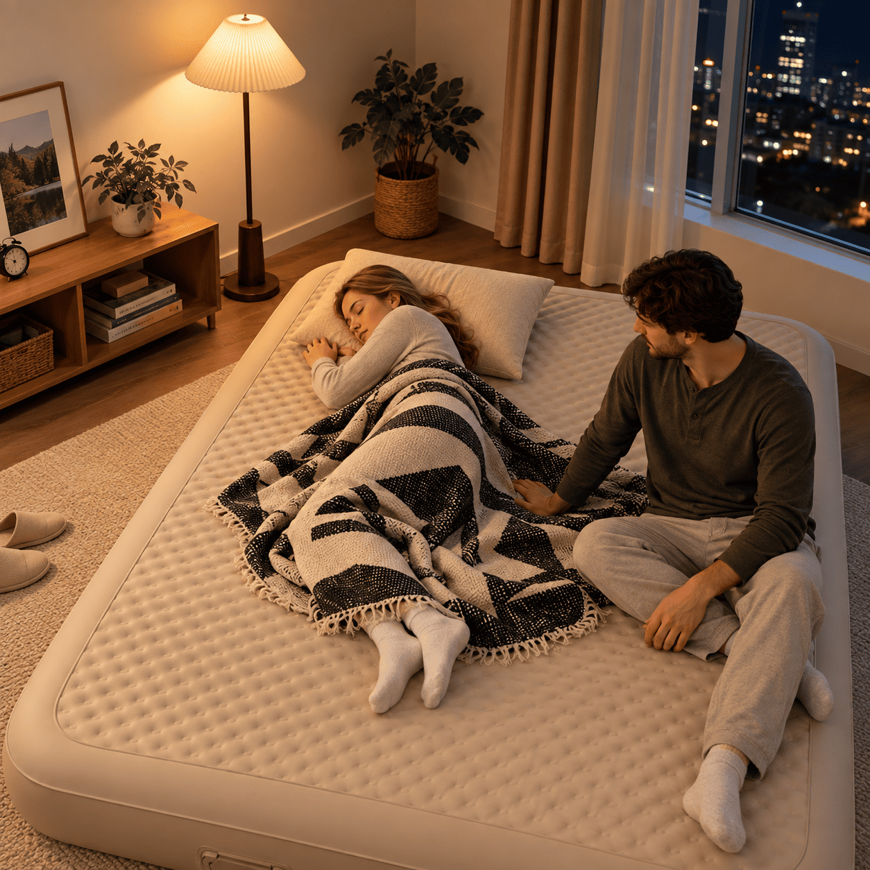 A couple relaxes on a large cream-colored inflatable mattress in a cozy, warmly lit bedroom at night. The woman is sleeping soundly under a black and white patterned blanket, while the man sits beside her, looking at the city lights outside the window.