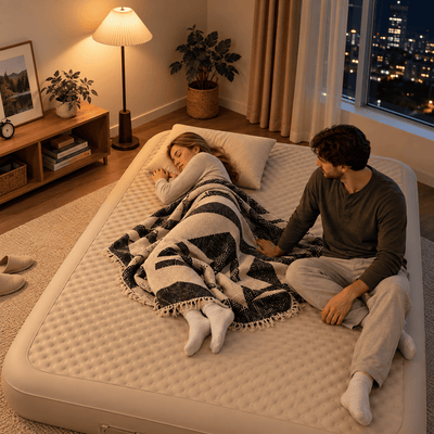 A couple relaxes on a large cream-colored inflatable mattress in a cozy, warmly lit bedroom at night. The woman is sleeping soundly under a black and white patterned blanket, while the man sits beside her, looking at the city lights outside the window.