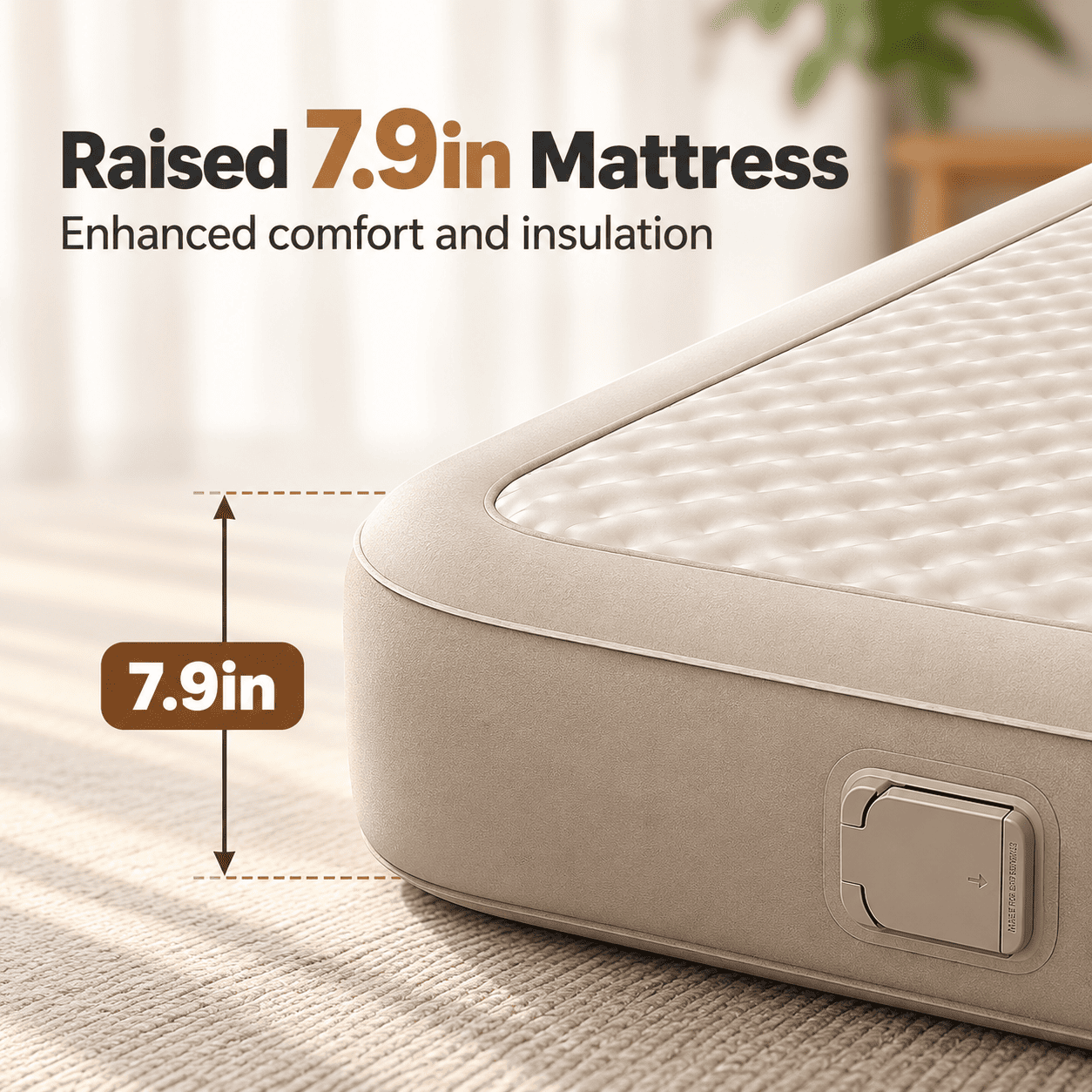 Close-up of a raised mattress corner with text reading 'Raised 7.9in Mattress' and 'Enhanced comfort and insulation,' plus a dimension callout showing 7.