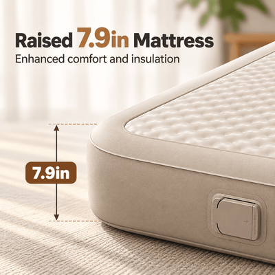 Close-up of a raised mattress corner with text reading 'Raised 7.9in Mattress' and 'Enhanced comfort and insulation,' plus a dimension callout showing 7.
