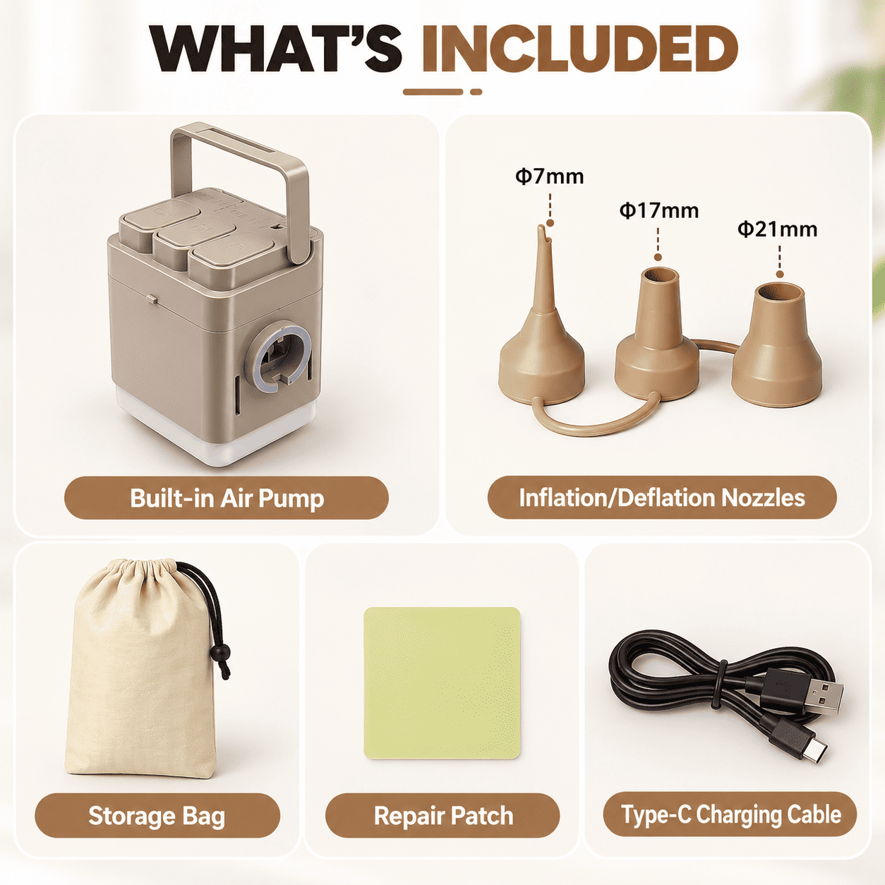 A product information graphic titled 'WHAT'S INCLUDED' showing the included items for a vacuum pump set: a beige built-in air pump, three beige inflation/deflation nozzles with diameter labels, a beige drawstring storage bag, a pale green square repair patch, and a black USB-C charging cable.