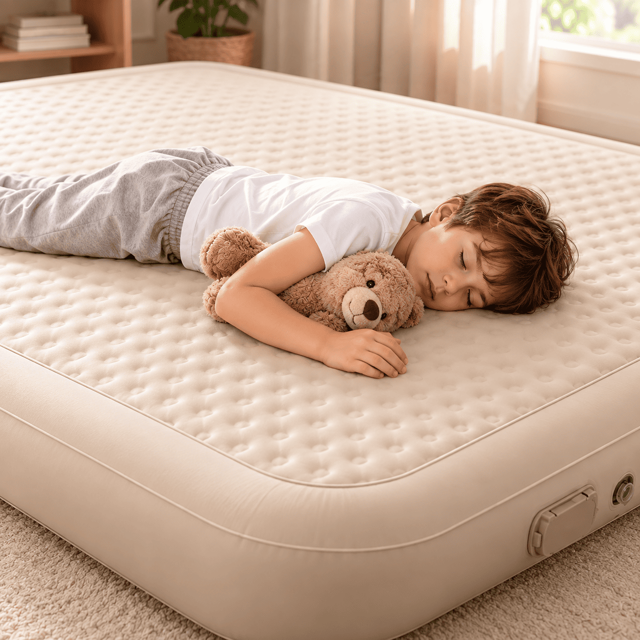 A child sleeping soundly on an inflatable mattress, holding a brown teddy bear. The scene is set in a cozy, softly lit bedroom with warm natural light filtering through the window.