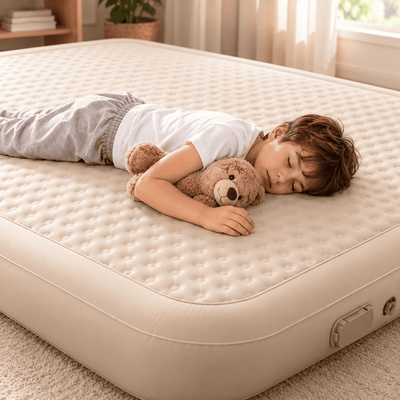 A child sleeping soundly on an inflatable mattress, holding a brown teddy bear. The scene is set in a cozy, softly lit bedroom with warm natural light filtering through the window.