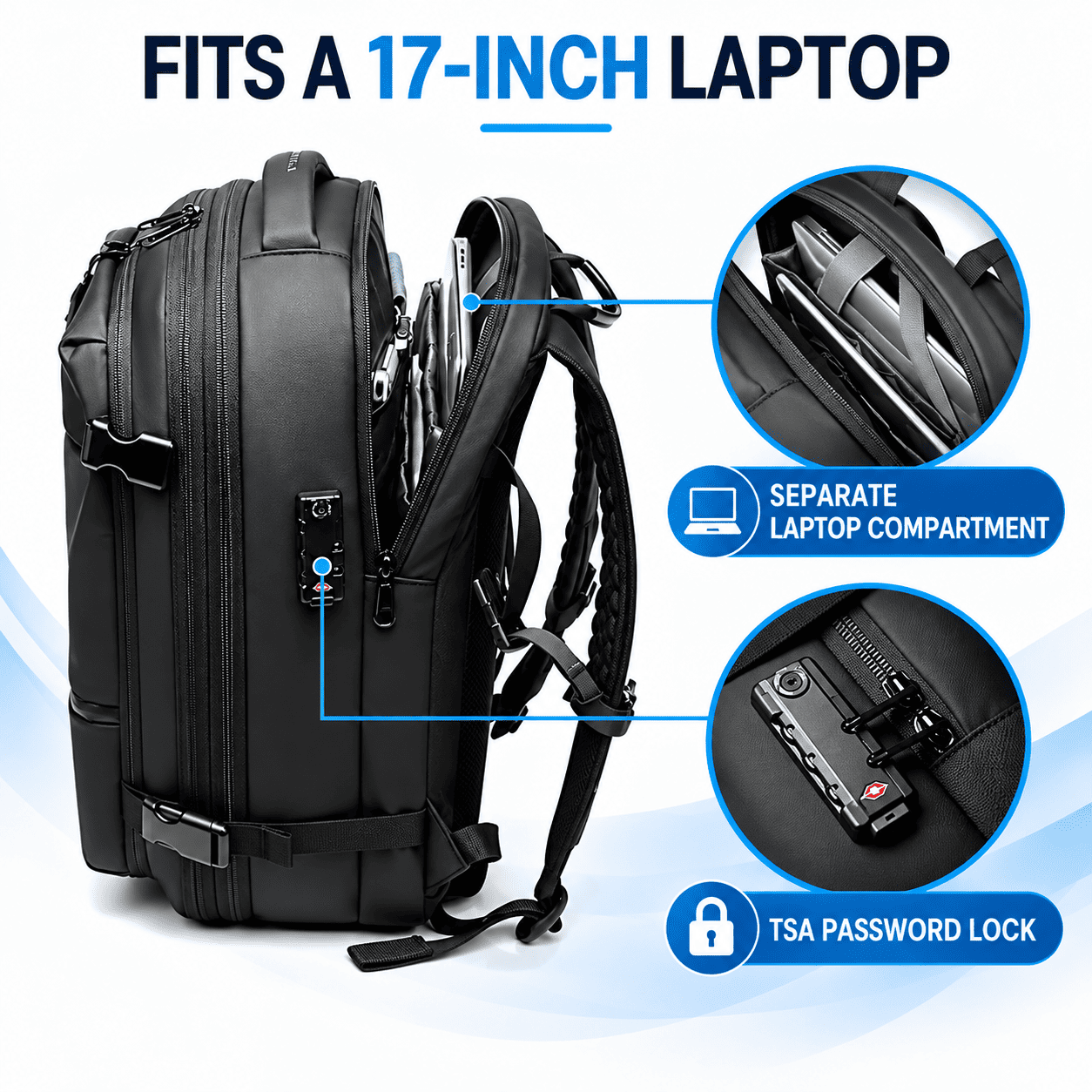 Black laptop backpack with features highlighted by text and circular detail callouts, including separate laptop compartment and TSA password lock, on a light blue and white background.