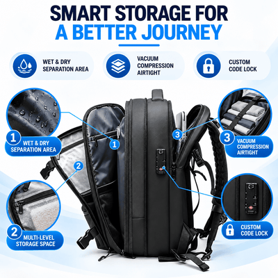Black smart backpack with feature callouts and text on a light blue background. The image highlights wet and dry separation, vacuum compression airtight compartments, and a custom code lock.