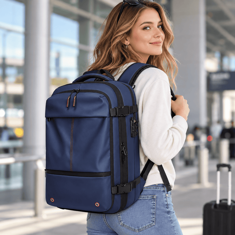 Blue backpack with black straps on a white background