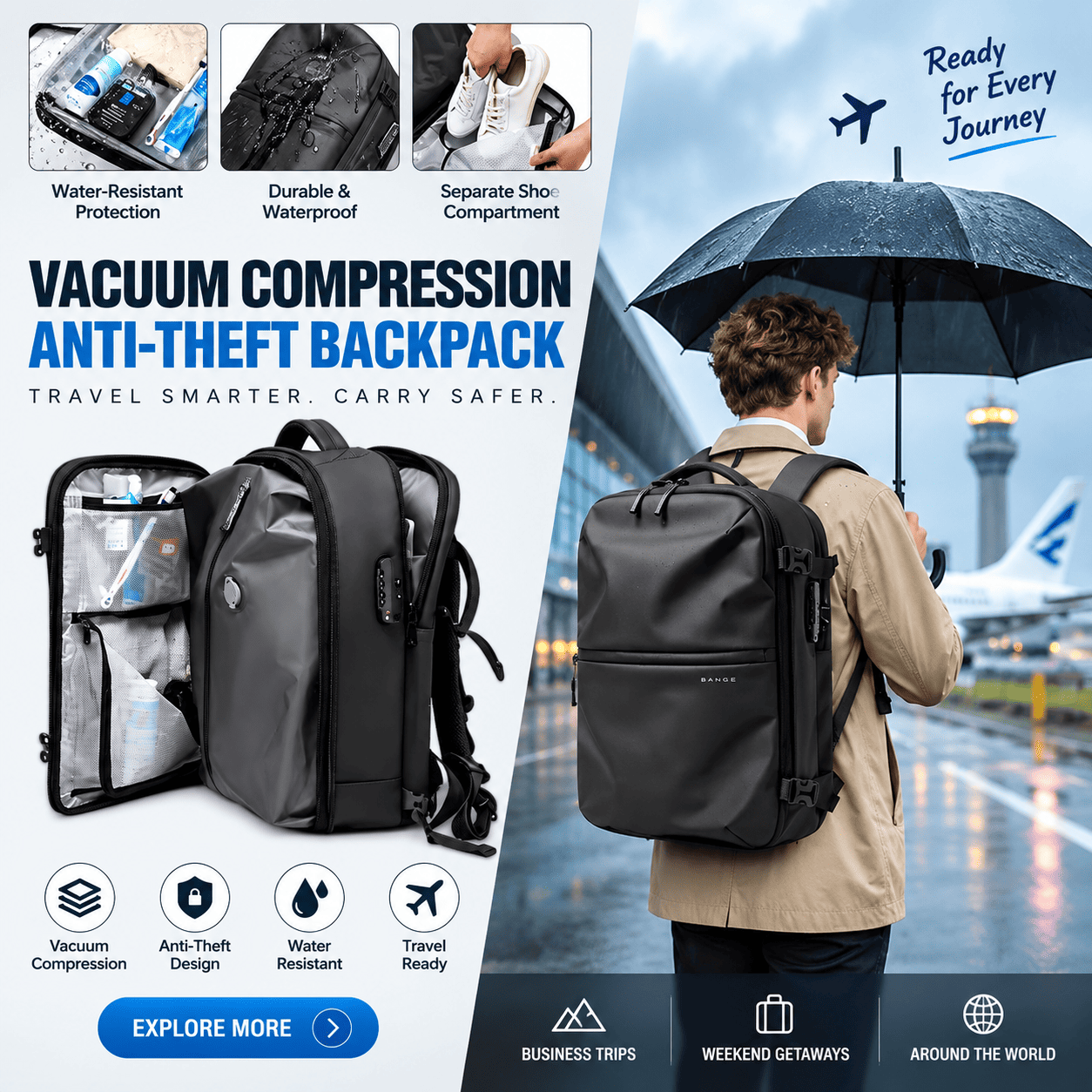 A promotional graphic for a dark gray vacuum compression anti-theft backpack. The left side shows the backpack open with its compression pockets and compartments displayed, accompanied by feature icons and text.