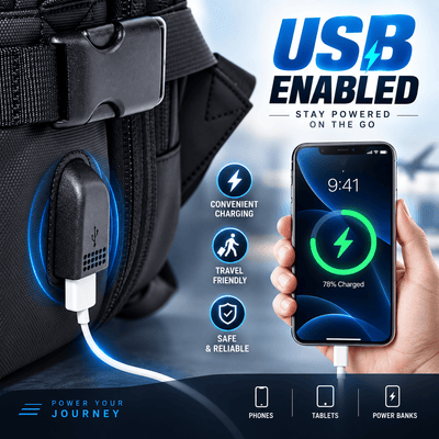 A black tactical-style bag with a built-in USB charging port, shown with a white charging cable plugged in and a hand holding a smartphone charging. Large text reads 'USB ENABLED' and smaller callouts say 'Convenient Charging,' 'Travel Friendly,' 'Safe & Reliable,' and 'Power Your Journey.
