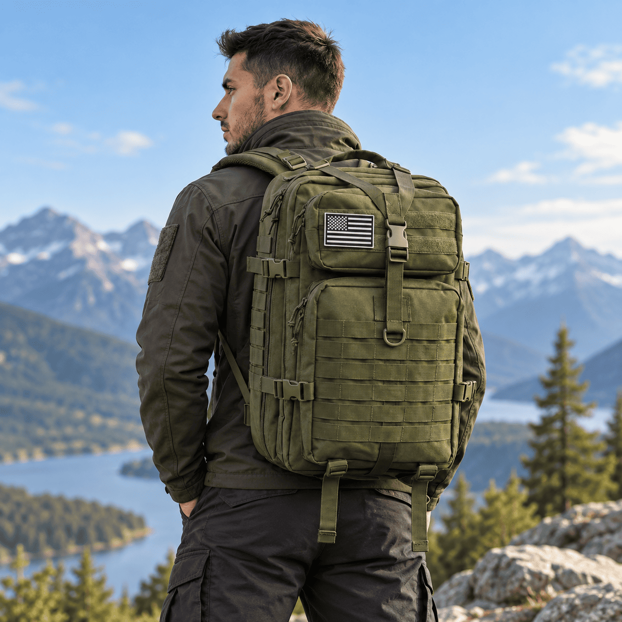 A man wearing a large olive green tactical backpack with a US flag patch, standing outdoors in front of a mountain and lake landscape.