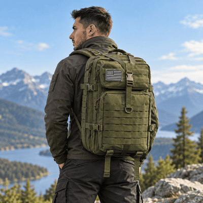A man wearing a large olive green tactical backpack with a US flag patch, standing outdoors in front of a mountain and lake landscape.