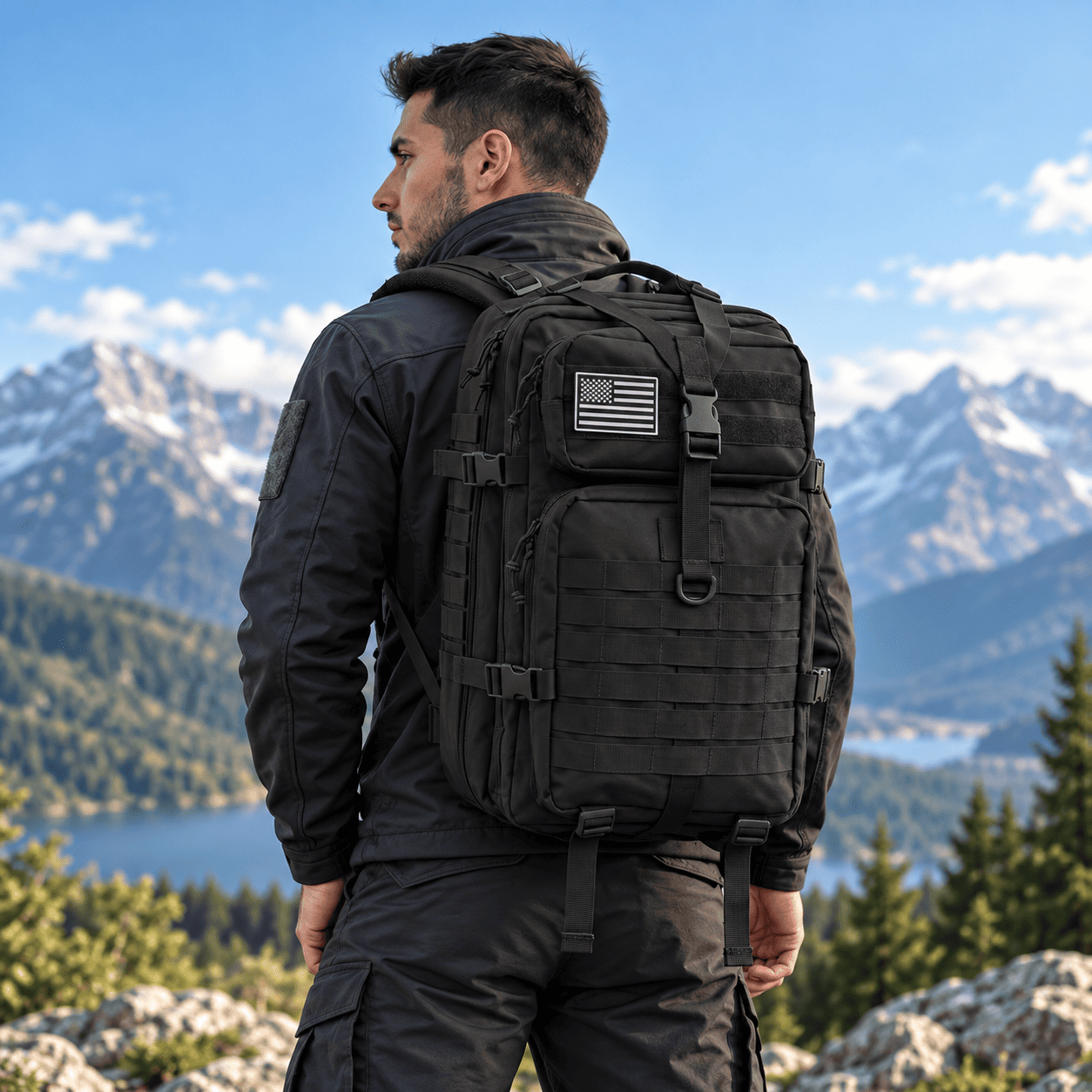 A man wearing a black tactical backpack with an American flag patch, standing in a mountain landscape with a lake in the background.