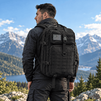A man wearing a black tactical backpack with an American flag patch, standing in a mountain landscape with a lake in the background.