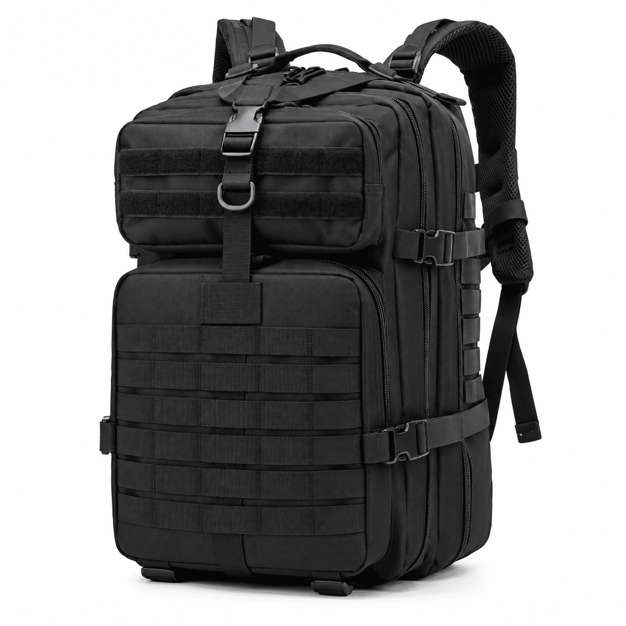A black tactical backpack with MOLLE webbing, multiple zippered compartments, and adjustable shoulder straps, shown on a plain white background.