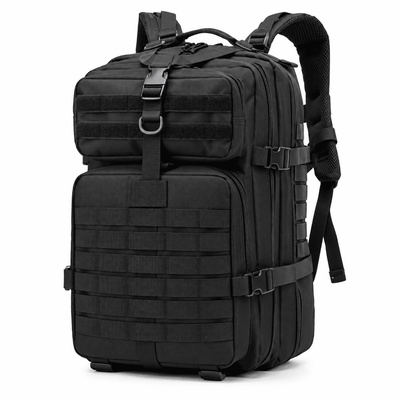 A black tactical backpack with MOLLE webbing, multiple zippered compartments, and adjustable shoulder straps, shown on a plain white background.