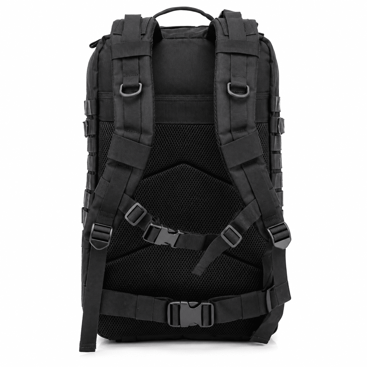 The back view of a black tactical backpack with padded shoulder straps, mesh ventilation panels, and quick-release buckles, shown on a plain white background.