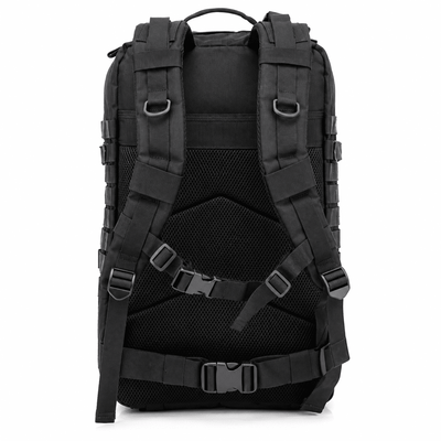 The back view of a black tactical backpack with padded shoulder straps, mesh ventilation panels, and quick-release buckles, shown on a plain white background.