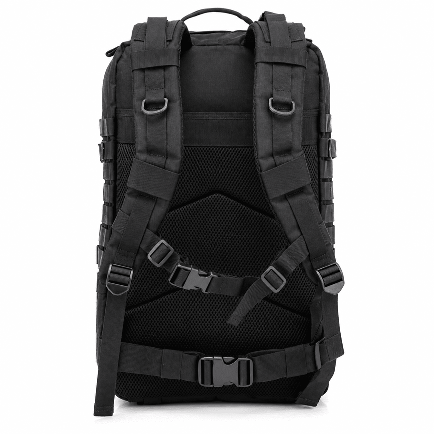 The back view of a black tactical backpack with padded shoulder straps, mesh ventilation panels, and quick-release buckles, shown on a plain white background.