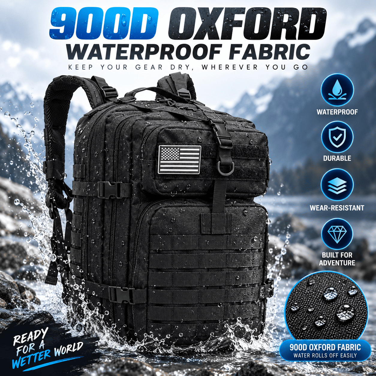 A black waterproof backpack made of 900D Oxford fabric, shown splashing through water with a mountain backdrop. The image includes feature callouts on the right side highlighting waterproof, durable, wear-resistant, and built for adventure qualities.
