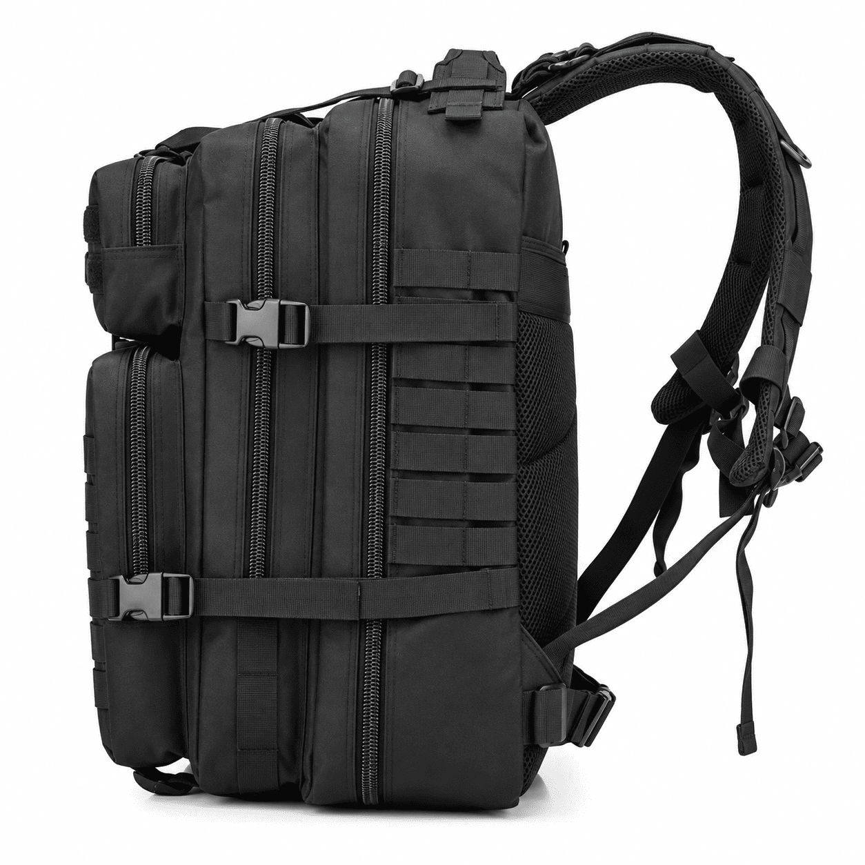 A black tactical backpack with multiple zippered compartments, MOLLE webbing, and padded shoulder straps, shown from a three-quarter angle on a white background.