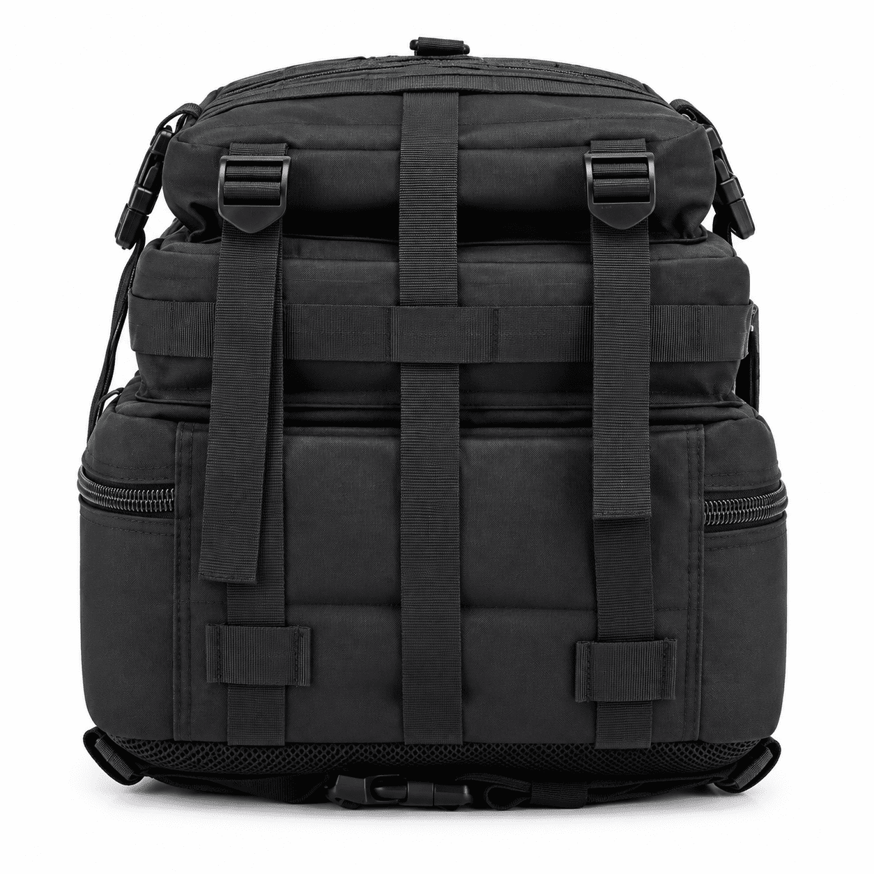 A black tactical backpack with multiple compression straps, zippered side pockets, and a padded bottom base, shown against a plain white background.