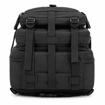 A black tactical backpack with multiple compression straps, zippered side pockets, and a padded bottom base, shown against a plain white background.