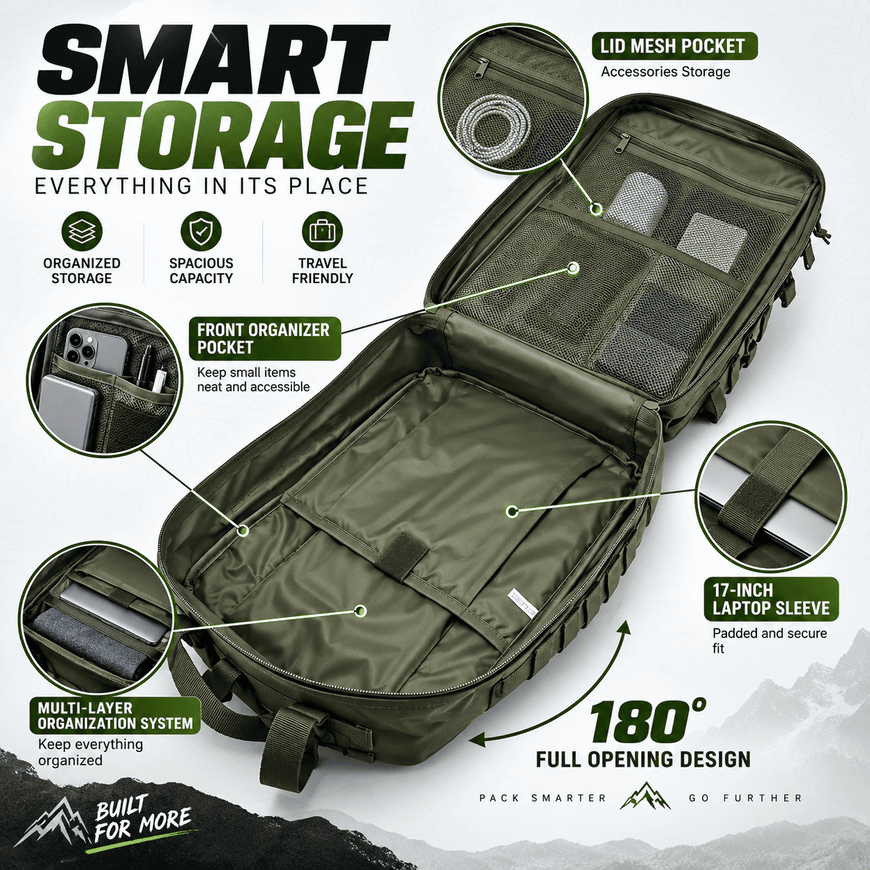 An olive green smart storage organizer bag shown open with multiple callout circles and text labels explaining its features, including lid mesh pocket, front organizer pocket, 17-inch laptop sleeve, multi-layer organization system, and 180-degree full opening design.