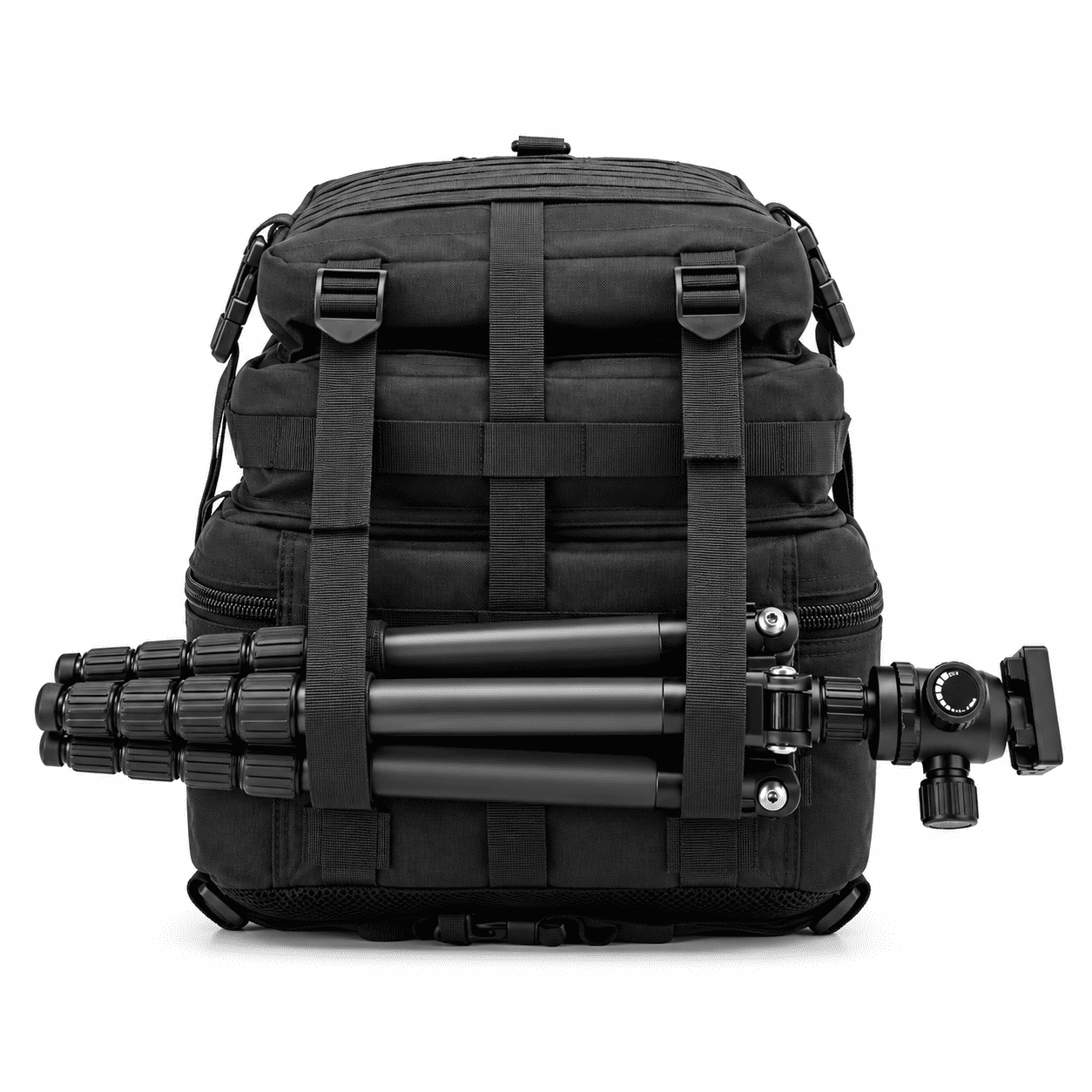 A black tactical camera backpack with a mounted tripod attached across the front, shown against a plain white background.