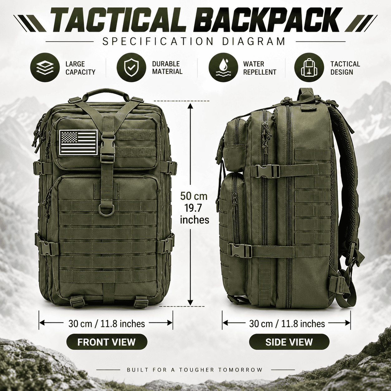 Specification diagram for a tactical backpack showing front and side views with dimensions labeled 30 cm / 11.8 inches by 50 cm / 19.