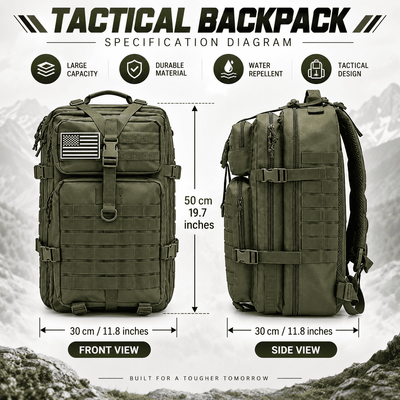 Specification diagram for a tactical backpack showing front and side views with dimensions labeled 30 cm / 11.8 inches by 50 cm / 19.