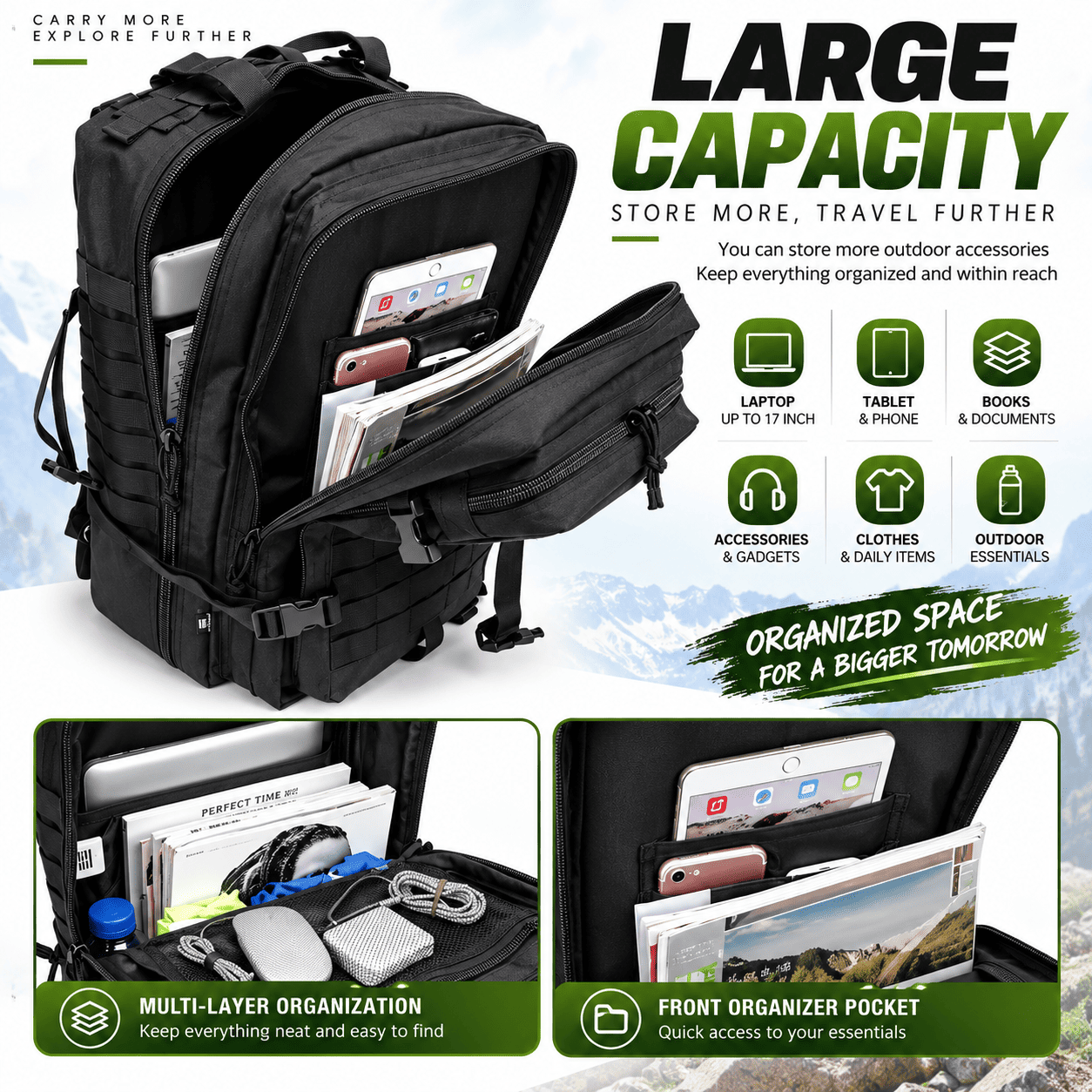 Black multi-compartment backpack shown open with various items stored inside, on a light blue and white mountain background. The image includes promotional text such as 'LARGE CAPACITY', 'STORE MORE, TRAVEL FURTHER', feature icons, and two smaller inset photos demonstrating organization and front pocket access.