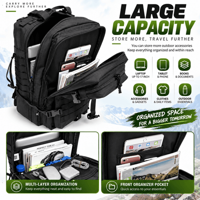 Black multi-compartment backpack shown open with various items stored inside, on a light blue and white mountain background. The image includes promotional text such as 'LARGE CAPACITY', 'STORE MORE, TRAVEL FURTHER', feature icons, and two smaller inset photos demonstrating organization and front pocket access.