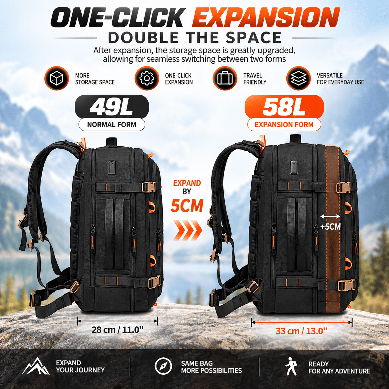 A promotional product graphic for a black backpack shown in two forms: a normal 49L form and an expanded 58L form. The image features a scenic mountain background, dimension markings (28 cm / 11.