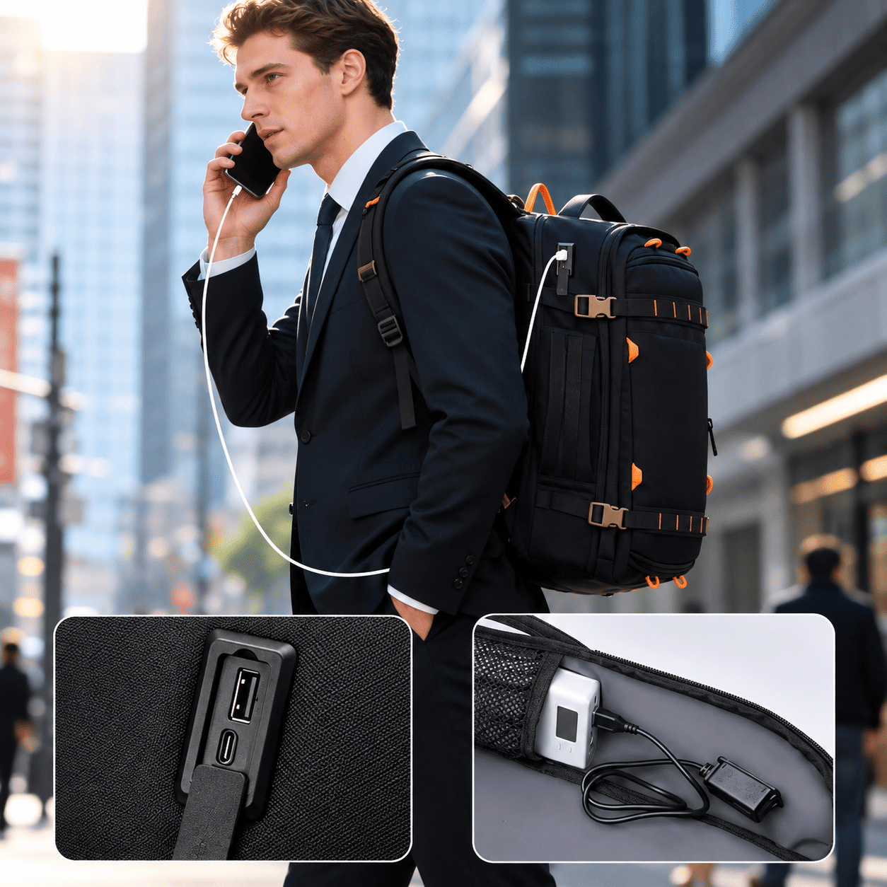 A man in a dark suit walking on a city street while wearing a black backpack with orange accents. Two inset close-up panels at the bottom show the backpack's USB charging port detail and a charging port opened to demonstrate wireless power delivery.
