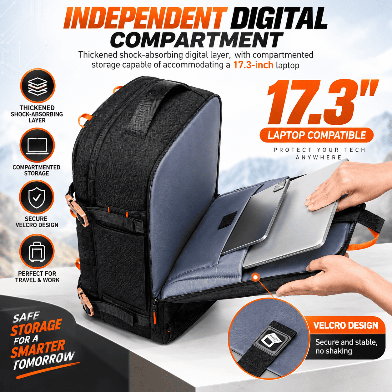 A black and gray digital compartment backpack shown with a laptop inside, on a white surface with promotional text and hand graphics demonstrating the compartment and velcro closure.