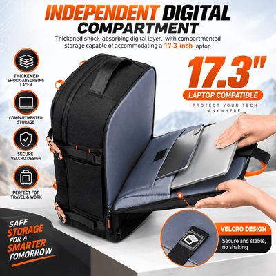 A black and gray digital compartment backpack shown with a laptop inside, on a white surface with promotional text and hand graphics demonstrating the compartment and velcro closure.