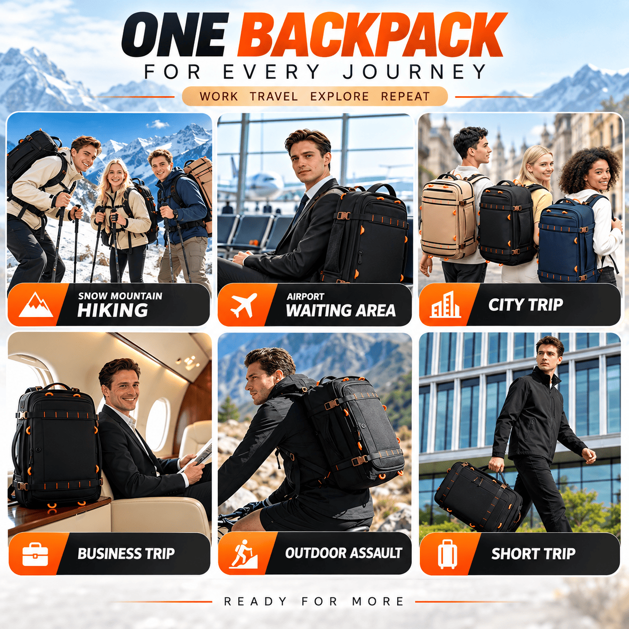 A promotional collage for a large black backpack labeled 'ONE BACKPACK FOR EVERY JOURNEY.' The image shows six lifestyle scenes with people wearing or carrying the backpack in snowy mountains, an airport, a city trip, a business trip, outdoor activity, and a short trip, each with an orange label beneath it.