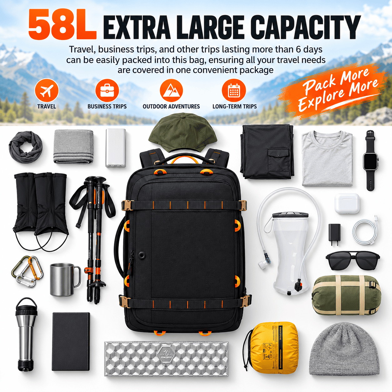 A large black 58L backpack shown in the center of a promotional collage, surrounded by packed travel items including a tripod, tent, sleeping bag, water filter, sunglasses, watch, and other gear. Text at the top reads '58L EXTRA LARGE CAPACITY' with usage scenarios and an 'Pack More Explore More' badge.