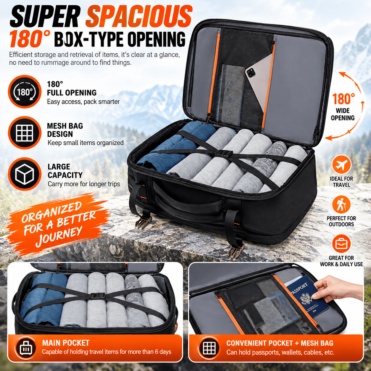 A black and gray expandable packing cube shown open on a mountain background, with promotional text highlighting 180-degree box-type opening, wide opening, mesh bag design, and large capacity. Two smaller inset photos at the bottom show the main pocket and a convenient pocket/mesh bag with a passport and wallet.