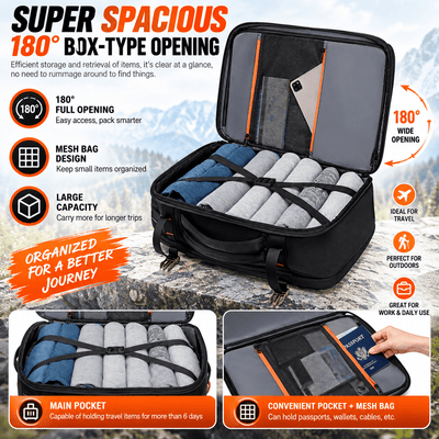 A black and gray expandable packing cube shown open on a mountain background, with promotional text highlighting 180-degree box-type opening, wide opening, mesh bag design, and large capacity. Two smaller inset photos at the bottom show the main pocket and a convenient pocket/mesh bag with a passport and wallet.