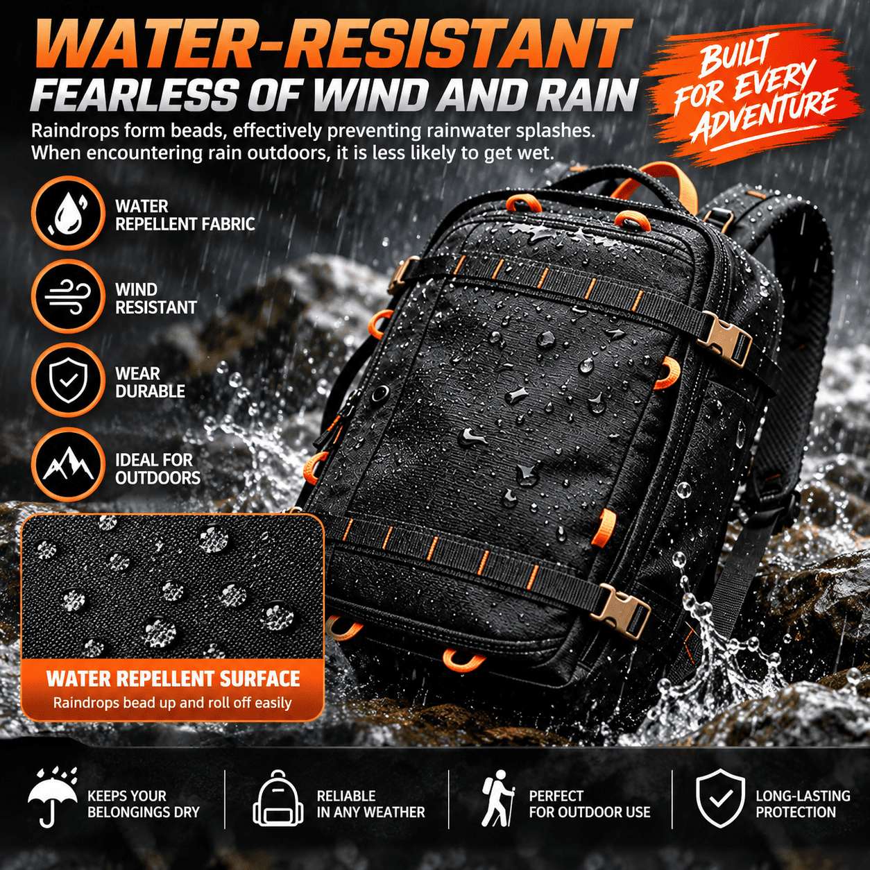 Black water-resistant outdoor backpack with orange accents, shown in a dramatic rain scene with text overlays highlighting waterproof fabric, wind resistance, durability, and outdoor suitability.