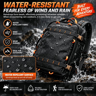 Black water-resistant outdoor backpack with orange accents, shown in a dramatic rain scene with text overlays highlighting waterproof fabric, wind resistance, durability, and outdoor suitability.