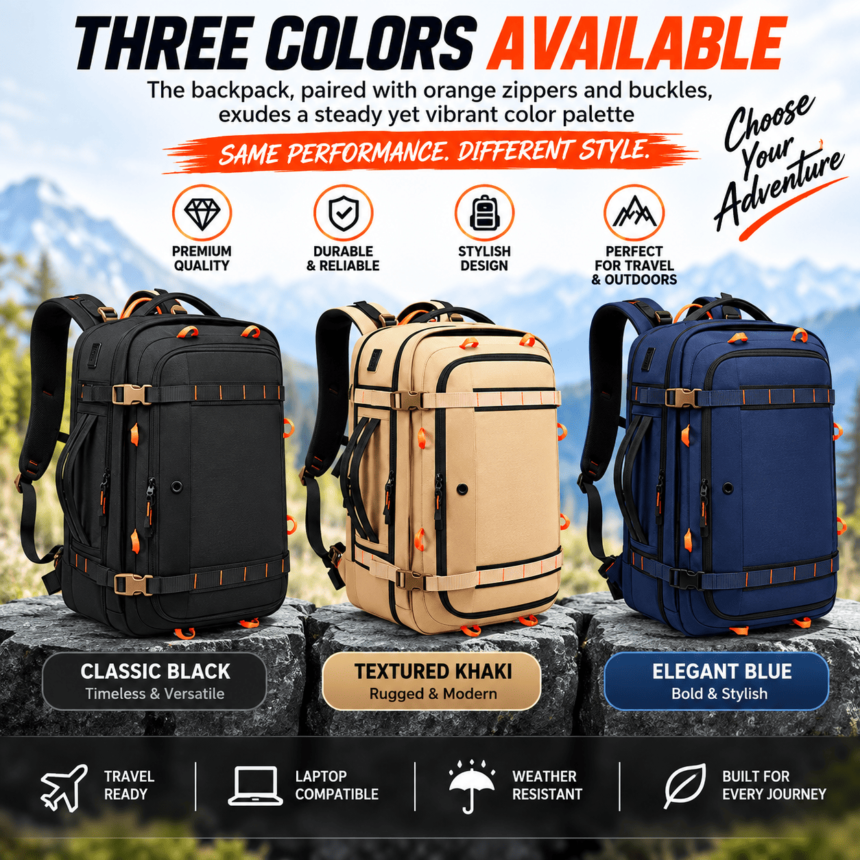 A promotional graphic showing three backpack color options side by side: Classic Black, Textured Khaki, and Elegant Blue. The backpacks are displayed against a blurred outdoor mountain background with rocks in the foreground.