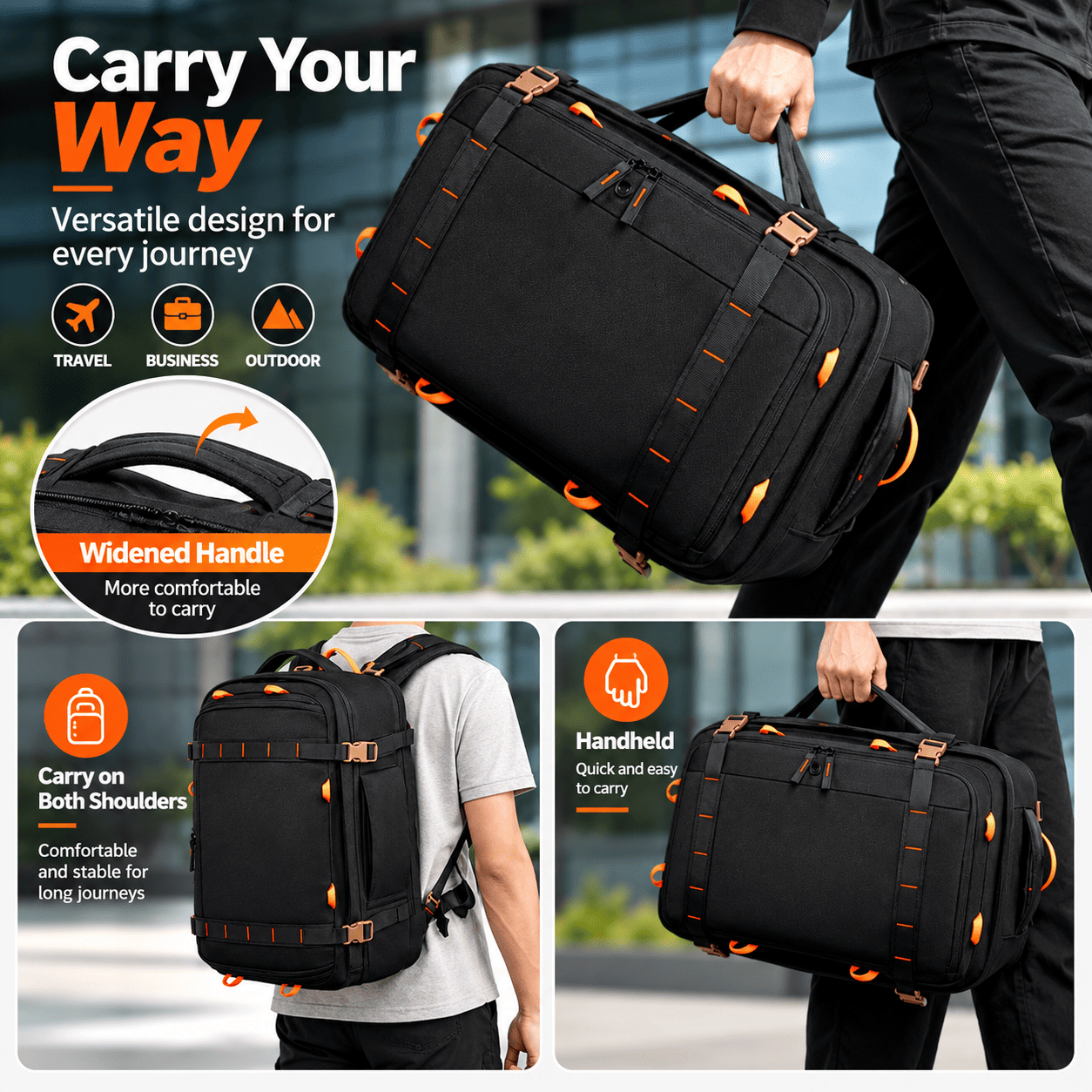 A black rolling duffel bag with orange accents is shown being carried by a person in an outdoor urban setting, plus three inset feature callouts highlighting a widened handle, shoulder carry, and handheld carry. Large marketing text reads 'Carry Your Way' and 'Versatile design for every journey.