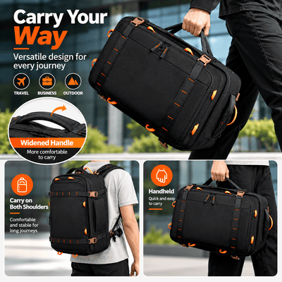 A black rolling duffel bag with orange accents is shown being carried by a person in an outdoor urban setting, plus three inset feature callouts highlighting a widened handle, shoulder carry, and handheld carry. Large marketing text reads 'Carry Your Way' and 'Versatile design for every journey.