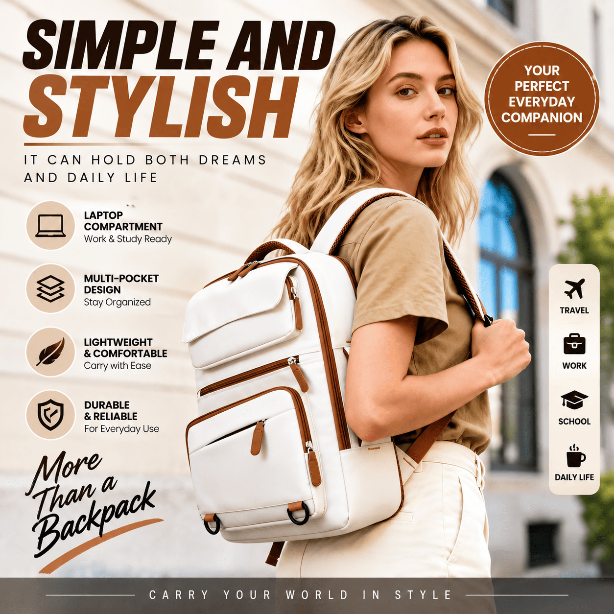 A woman wearing a cream-colored backpack with brown leather-like trim and straps, standing outdoors in front of a blurred building. The image includes promotional text highlighting the backpack's features, such as laptop compartment, multi-pocket design, lightweight comfort, and durability.